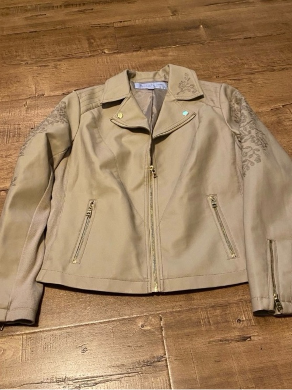 Andrew Marc Tan Leather Moto Jacket with Embroidered Sleeves